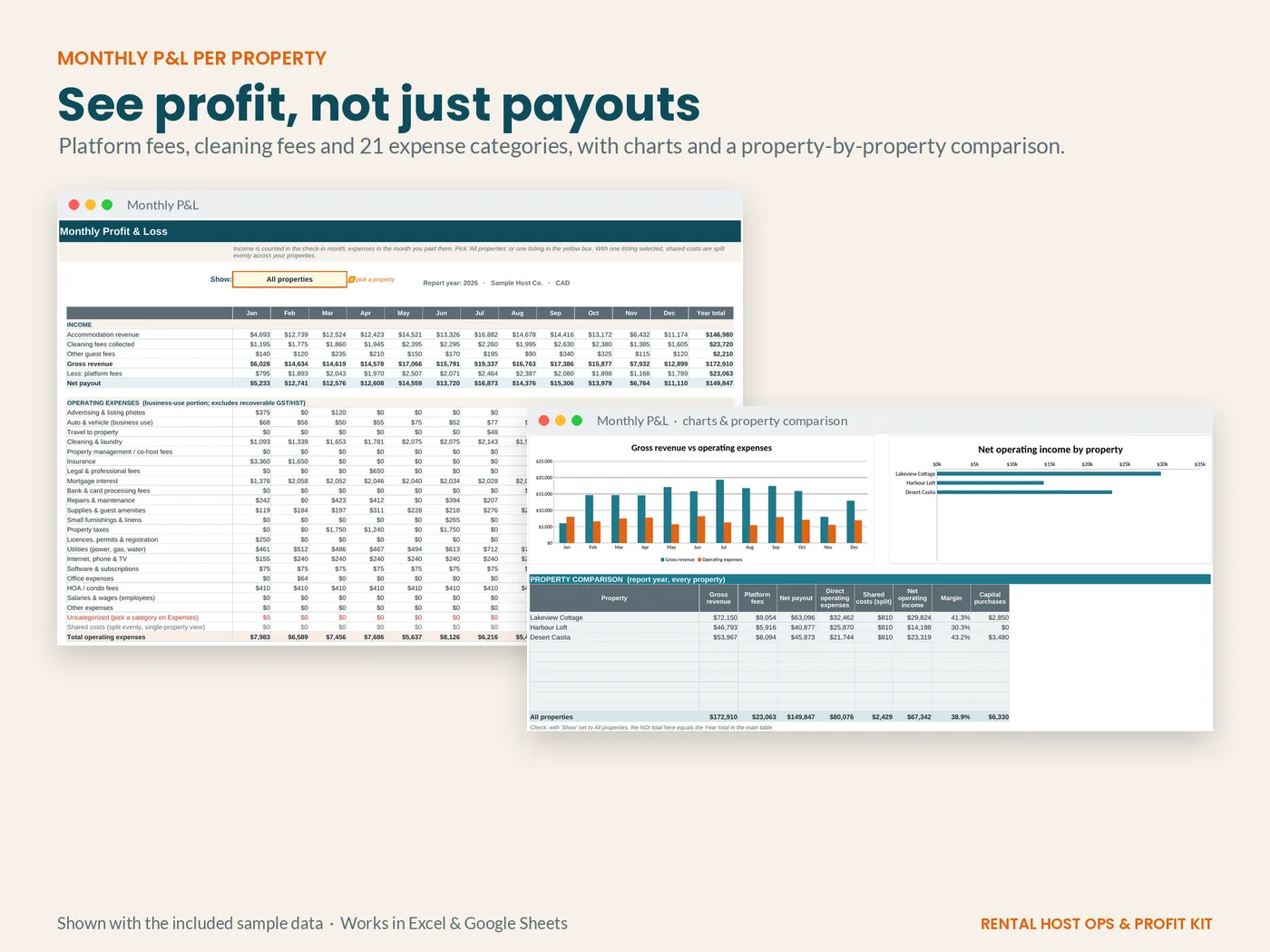 Monthly profit and loss sheet with revenue vs expense chart and net operating income trend, shown with sample data
